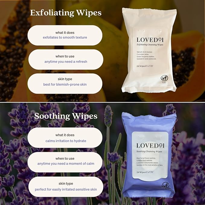 Loved01 Soothing Cleansing Wipes, Cleansing Makeup Remover Wipes for Sensitive Skin with Serum-Like Finish, Lavender Scent, 24 Wipes