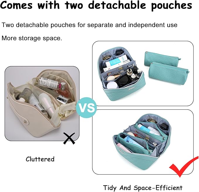 BOYATU Travel Makeup Bag Organizer Cosmetic Bag: 3 Pcs Set Make up Bags for Women with Handle - Waterproof Vegan Leather Toiletry Bags Travel Essentials Pouch with Compartments (G-11-Blue)