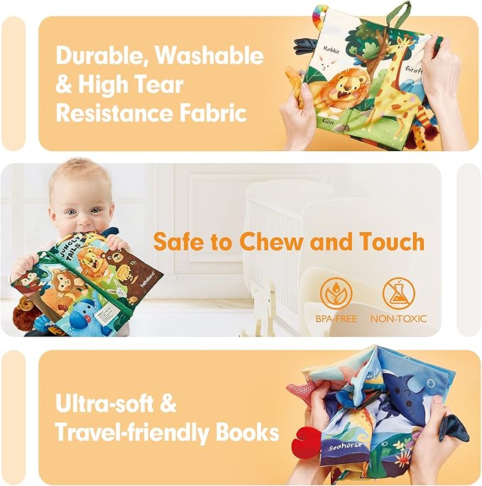 hahaland Baby Toys 0-6 Months - Crinkle Books for Babies 2PCS, Cloth Texture Tails Sensory Book 6-12 Months, Soft Tummy Time Toys 3 4 5 Month Newborn Infant Boys Gifts Christmas Baby Stocking Stuffers