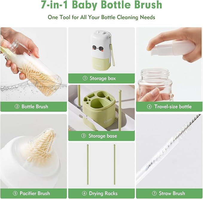 7-in-1 Baby Bottle Brush Set, Silicone Bottle Brush, Nipple Brush, Straw Cleaner, Travel Bottle, Drying Rack, Cleaning Kit