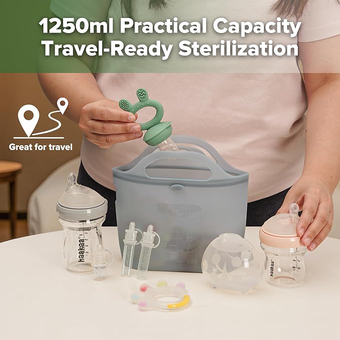Haakaa On-The-Go Silicone Microwave Steam Sterilizer Bags for Travel, 40oz/1250ml Reusable Silicone Steaming Bags for Baby Bottles, Breast Pump, Accessories, Pacifiers, Teethers,Grey/1PC