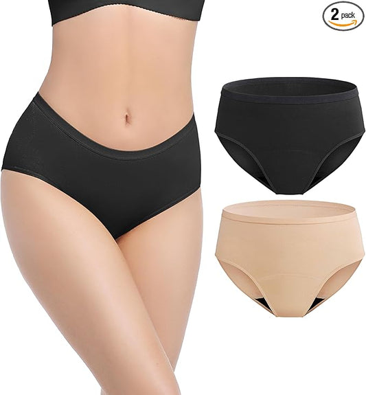 Incontinence Underwear for Women Washable, 2 oz Maximum Abosrbency Panties for Bladder Leak Proof Protection 2 Pack (Black-Beige, XL)