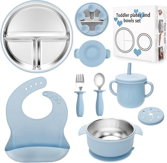Stainless Steel Kids Plates and Bowls Set with Suction, Divided Baby Plate and Toddler Bowl with Removable Silicone Suction,Stainless Steel Weaning Bundle, Silicone Baby Feeding Set (Blue)