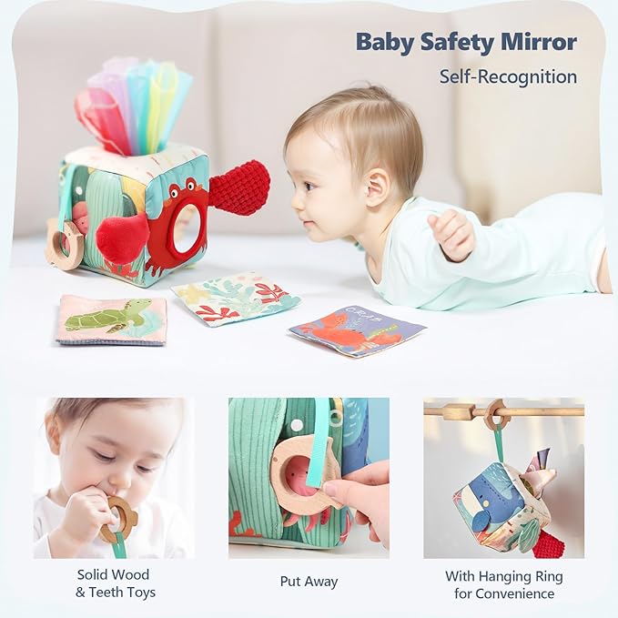 Baby Tissue Box Toy, Montessori Sensory Toys for 6-12 Months, 6 Month Old Baby Must Haves, with Crinkle Paper, Silk Scarves, Safety Mirror, Perfect Early Learning Gift