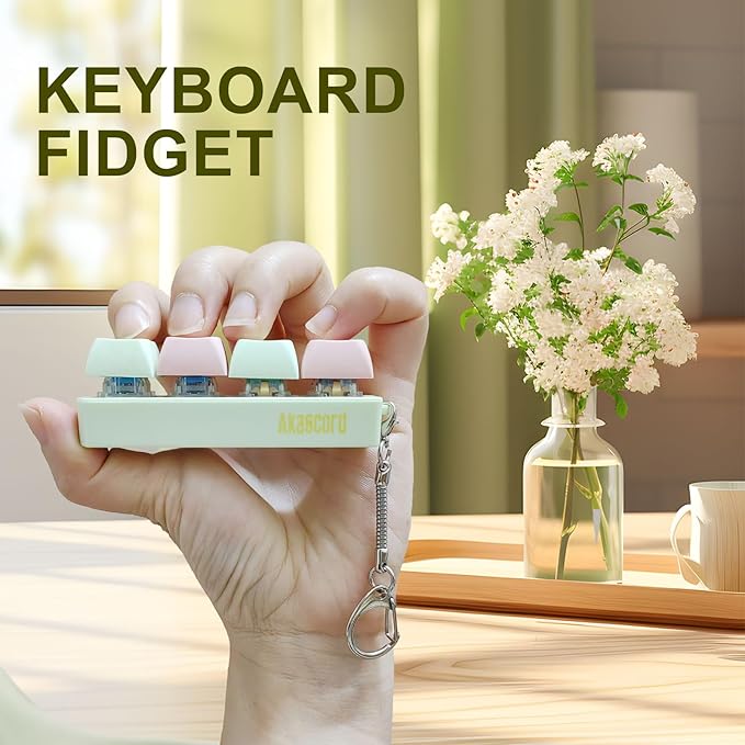 Keyboard Fidget Toy, Finger Fidget Clicker Keychain Accessories Autism Sensory Toys Stress Relief for Adults (Green & Pink)