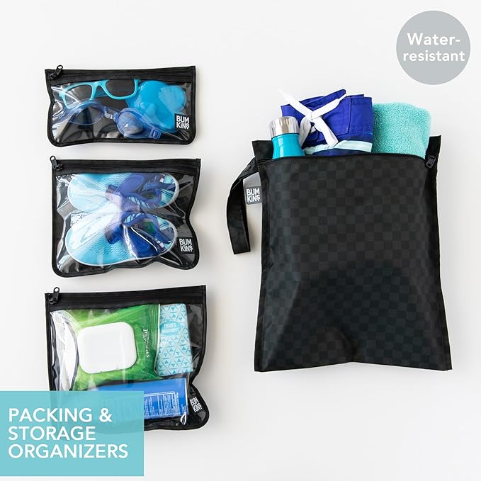 Bumkins - Waterproof Wet Bag & Clear Travel Bags - For Beach, Baby, Travel, Swim Suit, Cloth Diapers, Pump Parts, Pool, Gym, Toiletries - Reusable & Easy to Clean - Black Check - 4 Pack