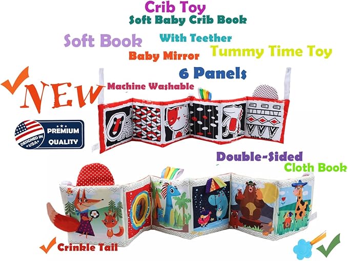 High Contrast Tummy Time Toys, Black and White Crinkle Books for Babies, Baby Books 0-6 Months, Infant Mirror Toy with Teether, Double-Sided Baby Toys for Boys and Girls