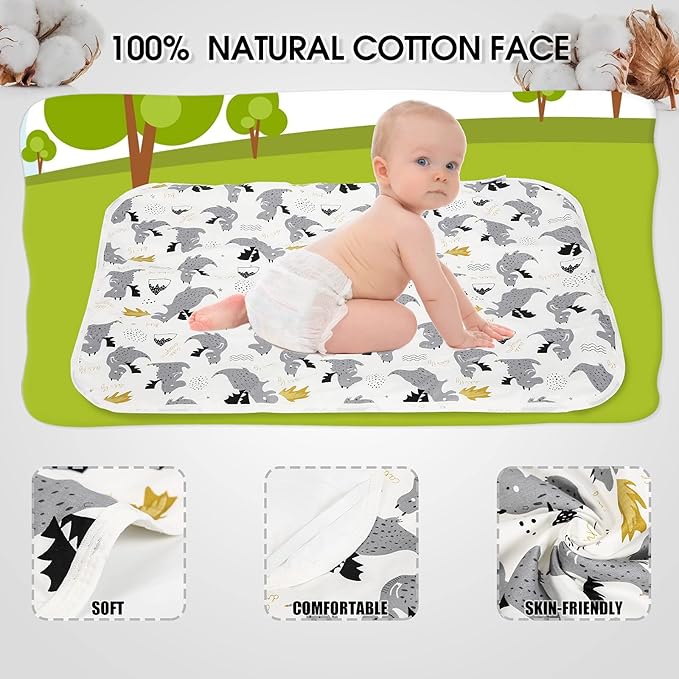 Baby Diaper Changing Pad, 21 5/8" x 31.5" Waterproof Changing Pad Liners - Reusable Soft and Absorbent Portable Changing Mat(Grey Dinosaur1PCS)