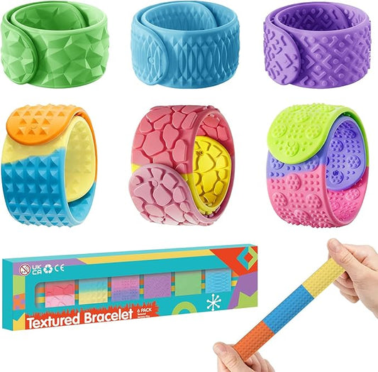 Sensory Fidget Toys Slap Bracelets: 6PC Textured Silicone Sensory Toys for Autism, Fidgets for Kids, Teens & Adults, Anxiety & Stress Relief - Ideal for Classroom Rewards, Party & Special Needs Gifts