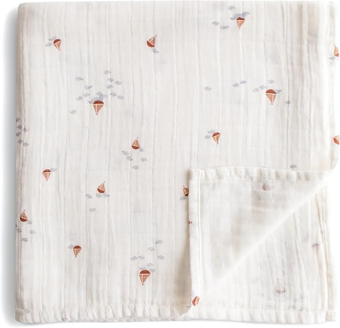 mushie Muslin Baby Swaddle Blanket | 100% Organic Cotton (Boats)