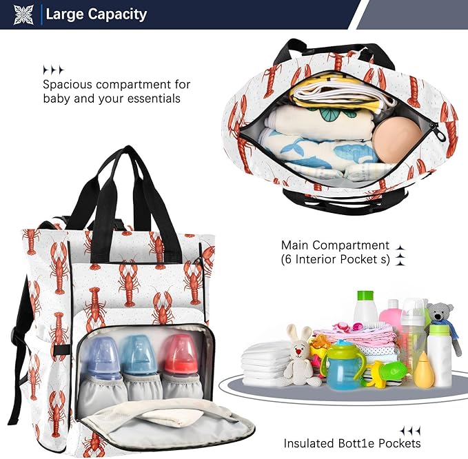 Emelivor Lobsters Red White Diaper Bag Backpack Large Capacity with Insulated Pockets Baby Bag Diaper Bags for Boy Girl Unisex Baby Women Travel