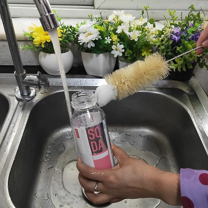 NewFerU Stainless Steel Soda Bottle Cleaning Brush Set in Natural Boar Bristle Wool Tip Long Handle, Flexible Bendable Thick Wire Cleaner for Narrow Neck Water Baby Bottles Straw Pipe Tube Flask (4)