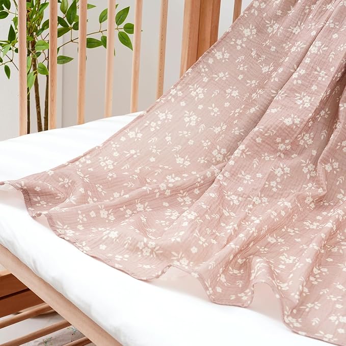 Happy Flute 4Set Muslin Swaddle Blankets–Ultra Soft Baby Blanket for Newborns,Receiving Blankets for Baby Girls & Boys–Baby Essentials 0-3 Years,40x40inches (Flower)