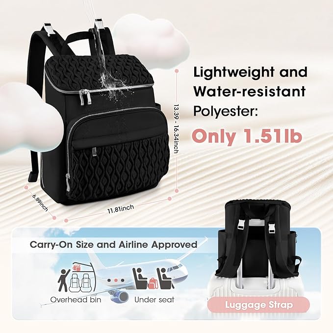Baby Diaper Bag Backpack, Expandable Baby Bag for Girl Boy, Travel Diaper Backpack with Insulated Pocket, Changing Pad, Quilted Diaper Bag for Mom Dad, Newborn Baby Essentials Must Have Black