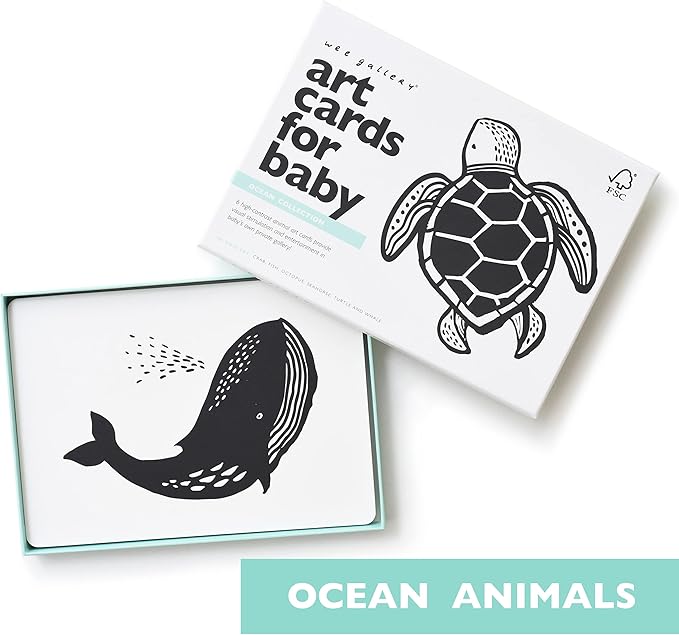 Wee Gallery Art Cards for Baby, Durable High Contrast Black and White Animal Flashcards for Newborns, Brain Development, Sensory Toys, Tummy Time Essentials for Infant and Toddler - Ocean Animals