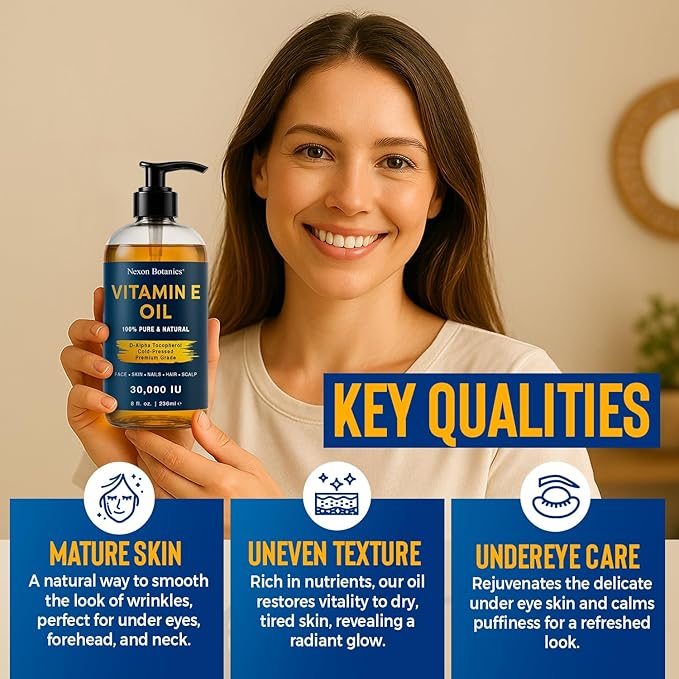 Pure Vitamin E Oil 30,000 IU, 8 fl oz - Cold-Pressed, Hexane Free, Natural Moisturizer for Skin & Face - Supports Scar & Stretch Mark Care by Nexon Botanics