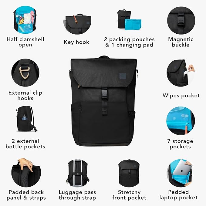 Huhu Diaper Bag Backpack – Large Baby Bag for Moms & Dads – Water-Resistant, Unisex Travel Kit for New Parents – Includes Changing Pad and 2 Organizer Pouches (Midnight Black)