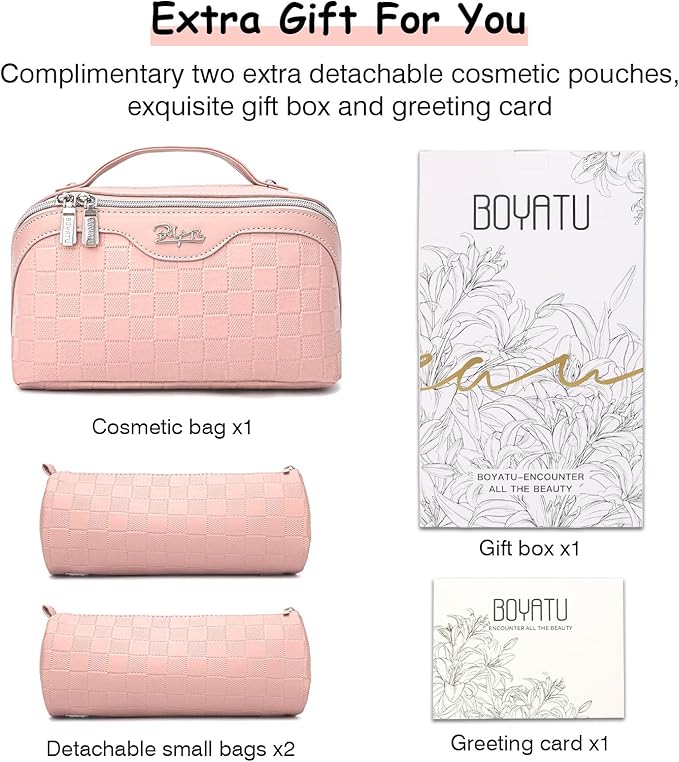 BOYATU Travel Makeup Bag Organizer Cosmetic Bag: 3 Pcs Set Make up Bags for Women with Handle - Waterproof Vegan Leather Toiletry Bags Travel Essentials Pouch with Compartments (G-13-Pink)