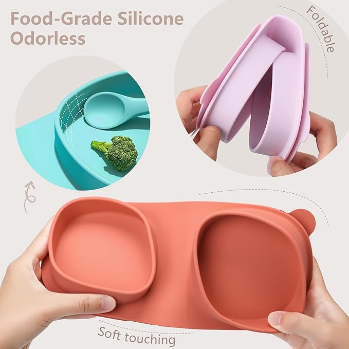 Baby Plates with Suction with Forks and Spoons,Foldable Silicone Toddler Plates,Baby Travel Essential,Microwave & Dishwasher Safe,Watermelon