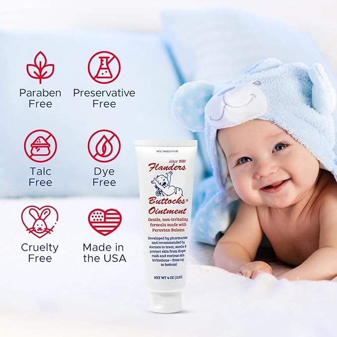 Flanders Buttocks Ointment - Diaper Rash Cream for Treatment & Prevention, Pharmacist Developed, Heat Rash & Chafing in Infants to Adults, Instant Relief (2 Pack of 4oz Tubes)