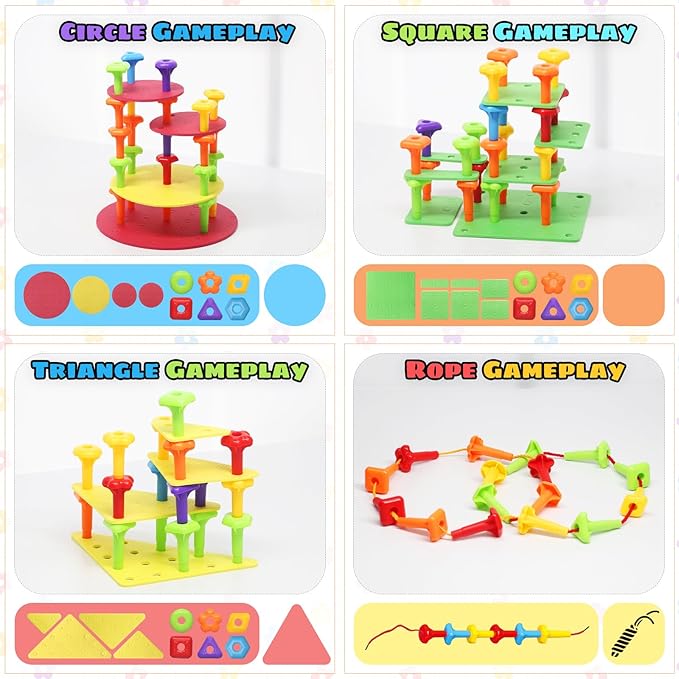 Ggiibro Peg Board Toy Set 101Pcs DIY Building Stacking Toys for Kids 3-6 Years Old,STEM Educational Kids Toy for Brain Development,Montessori Sensory Toys,Plastic Lacing String Game