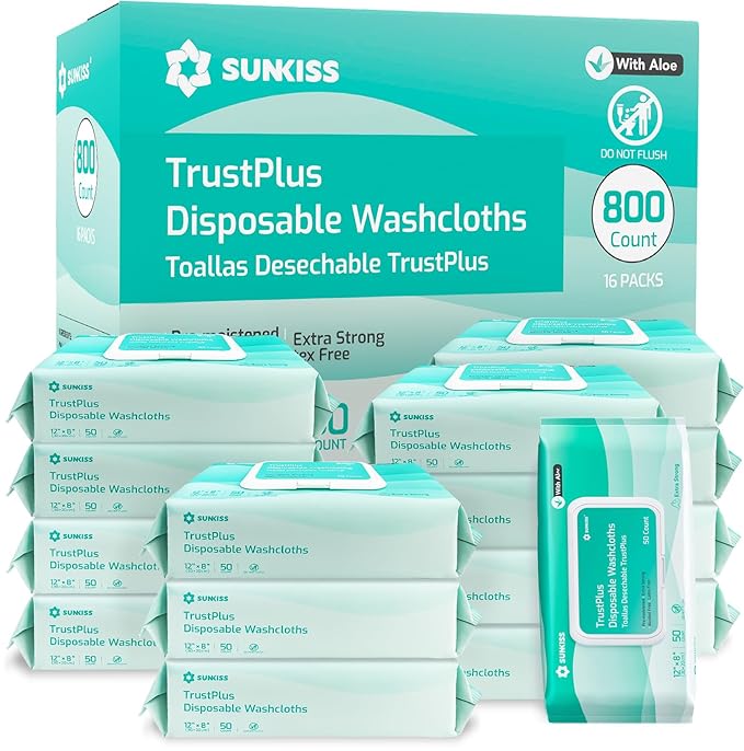 SUNKISS Trustplus Wet Wipes for Adult No Rinse, Extra Large 8”x12” Body Cleaning Washcloths for Elderly Incontinence & Cleansing, Unscented, 800 Count (16 Packs of 50)