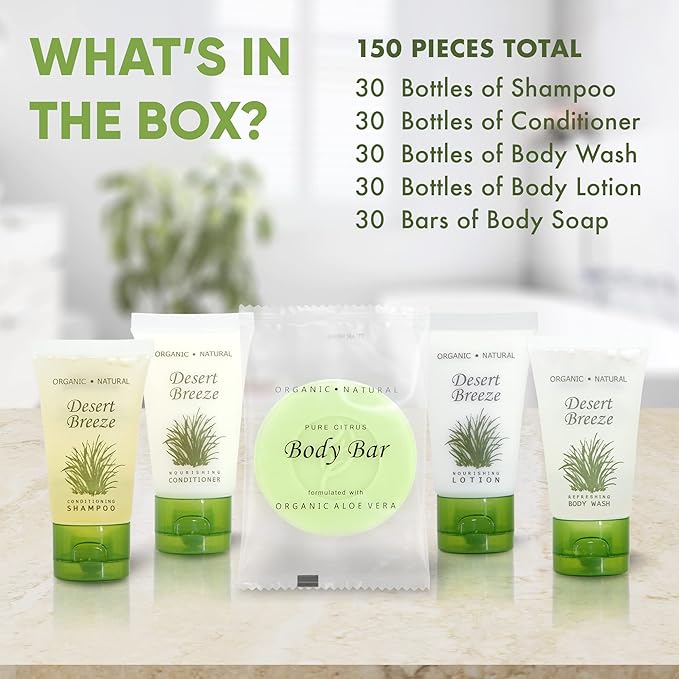 Desert Breeze Hotel Soaps & Toiletries Bulk Set | 1-Shoppe Amenities Kit | 1oz Shampoo & Conditioner, Body Wash, Lotion, Bar Soap | Travel Size | 150 Pieces