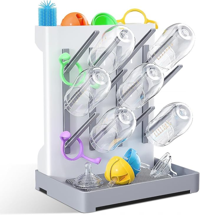 Baby Bottle Drying Rack: Vertical Space Saving Large Bottles Holder - Standing Boon Dryer Rack Baby Accessory - Countertop Holds Up to 12 Bottles & Pump Part Cleaning & Cup (Blue) (Gray)