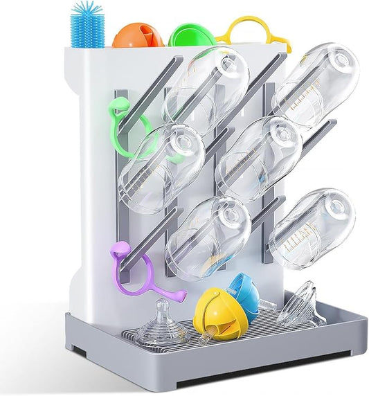 Baby Bottle Drying Rack: Vertical Space Saving Large Bottles Holder - Standing Boon Dryer Rack Baby Accessory - Countertop Holds Up to 12 Bottles & Pump Part Cleaning & Cup (Blue) (Gray)