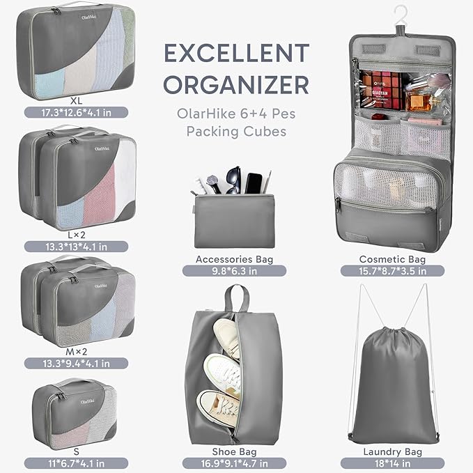 ALL INCLUDED 10 Set Durable Packing Cubes for Suitcases,OlarHike Essentials for Travel, UPGRADED Anti-Tear Stitching, NEW Improved Luggage Packing Organizers for Travel Accessories (Grey)