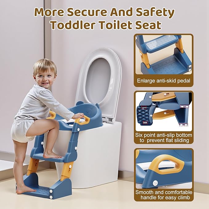 Potty Training Seat, 3-in-1 Toddler Toilet Seat with Step Stool Ladder, Splash Guard Anti-Slip Pad, Foldable Potty Chair with Soft Cushion for Toddler Kids Boys Girls