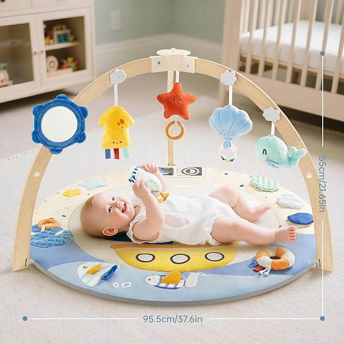 Baby Play Gym Activity Mat, 5 Developmental Zones Wooden Tummy Time Mat with 7 Detachable Sensory Toys for Motor Skills & Sensory Development, Baby Essentials Shower Gift, Easy to Install
