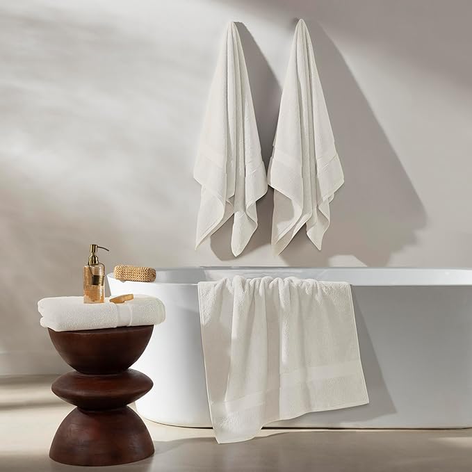 TOWELTIQUE- Organic Cotton Plush Bath Towels Pack of 4 GOTS & Oeko- TEX Certified | Premium Soft, Absorbent & Quick-Drying Towels for Bathroom, Gym, Spa & Hotel Use – Ivory