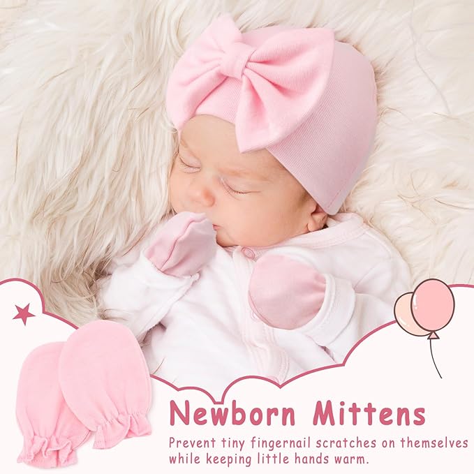 Newborn Baby Hats and Mittens Set Infant Bow Beanie Cap Toddler Gloves Newborn Hospital Hats for Baby Boy Girl 0-6 Months