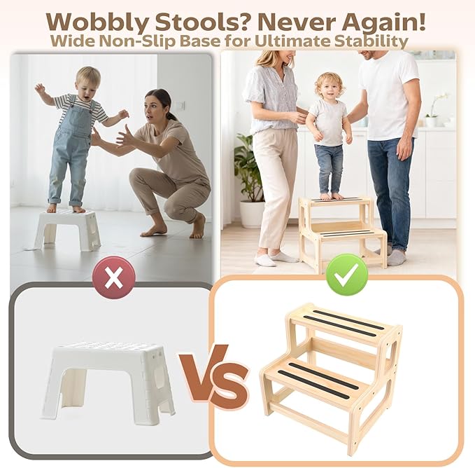 Toddler Step Stool, 2-Step Wooden Stool for Kids with Handles, Non-Slip Potty Training Seat for Bathroom Sink, Kitchen & Bedroom, Adjustable Height Child Step Stool for Ages 2+ (Natural Wood)