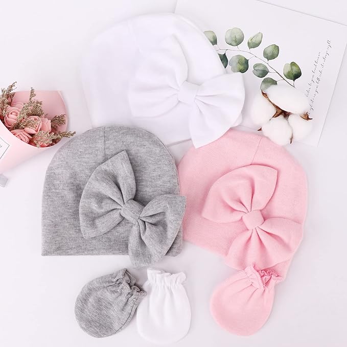 Newborn Baby Hats and Mittens Set Infant Bow Beanie Cap Toddler Gloves Newborn Hospital Hats for Baby Boy Girl 0-6 Months