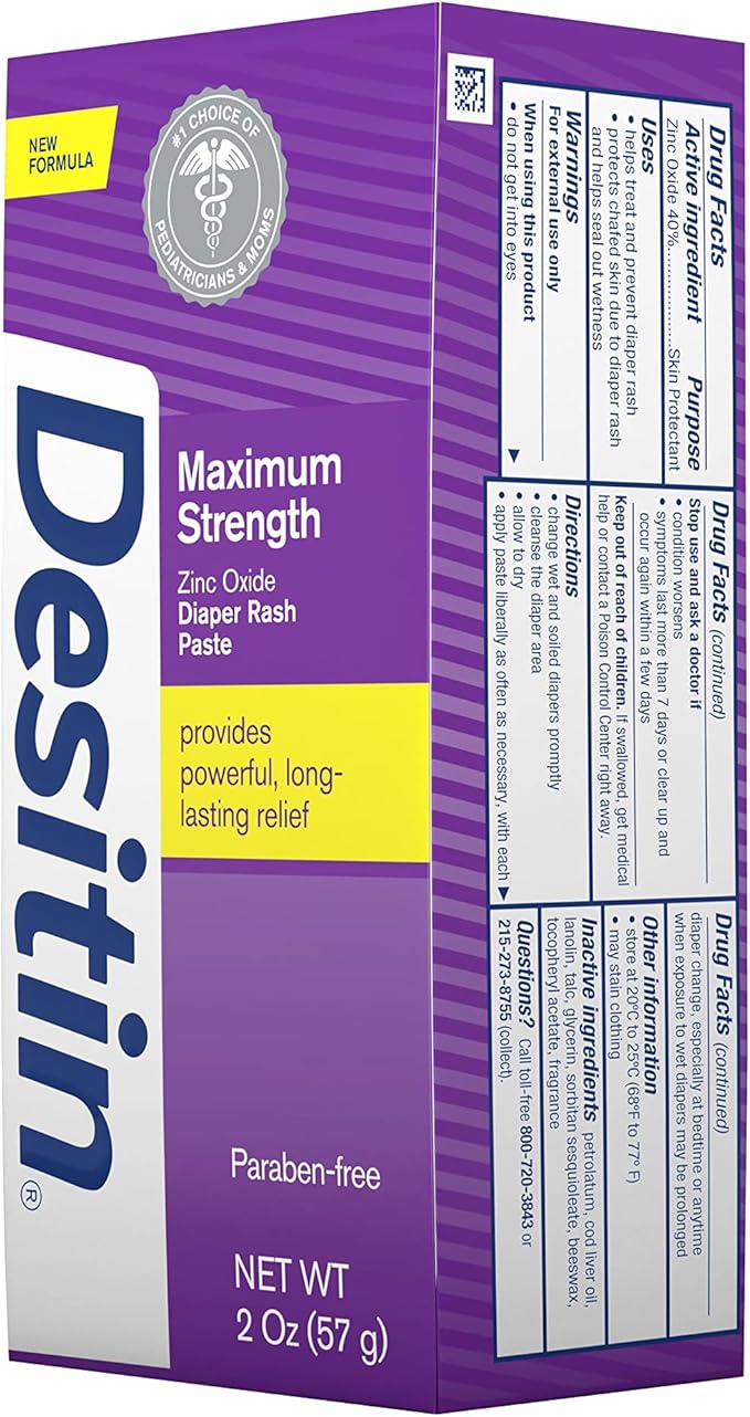Desitin Maximum Strength Baby Diaper Rash Cream with 40% Zinc Oxide for Treatment, Relief & Prevention, Hypoallergenic, Phthalate- & Paraben-Free Paste, Travel Size, 2 oz (Pack of 6)
