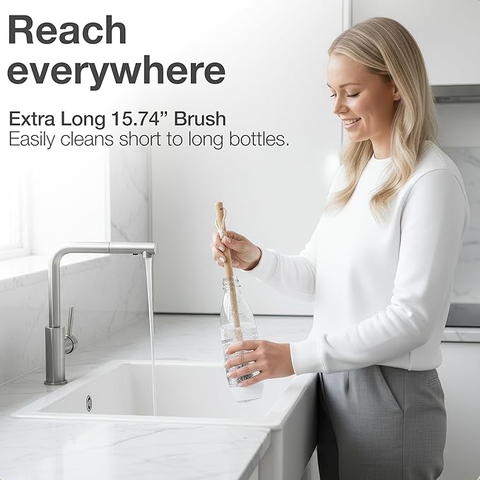 Extra Long Bottle Brush – 16" Bamboo Handle & Flexible Hygienic Silicone Head – Compatible with Sodastream (Not Aqua Fizz), Aarke Plastic Bottles, Vases, Tumblers | BPA Free | Scratch-Free