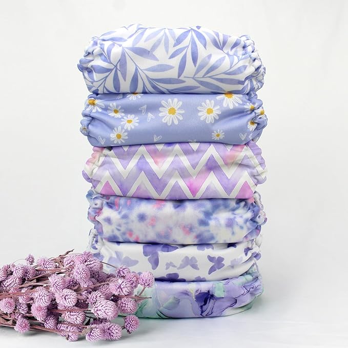 Mama Koala 3.0 Cloth Diapers for Babies with AWJ Lining, 6 Pack with 6 Natural Cloth Diaper Inserts - Reusable and Washable Pocket Diapers (Light Lavender)