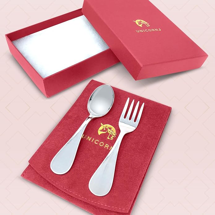 Sterling Silver Baby Spoon Fork Set Personalized Engravable | Complete with Gift Box | Keepsake Gift for Baby | Made in Italy
