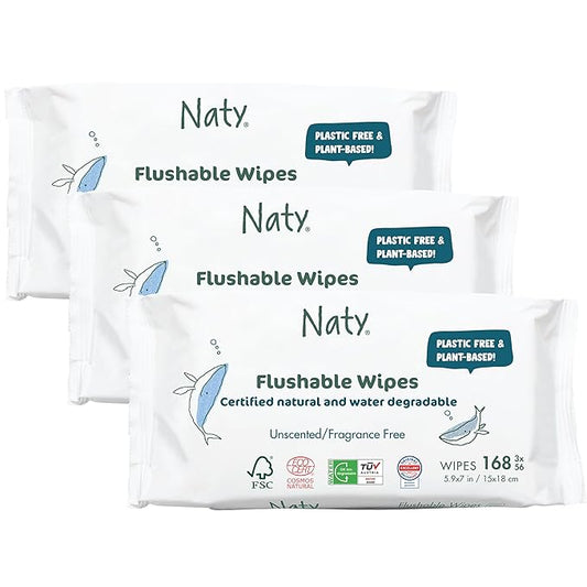 Naty Flushable Toddler & Baby Wet Wipes | Plant-Based, Water-Based for Sensitive Skin | Natural & Unscented Potty Training Wipes | Water-Degradable, Plastic-Free, Fragrance-Free | 168 Count (3 Packs)