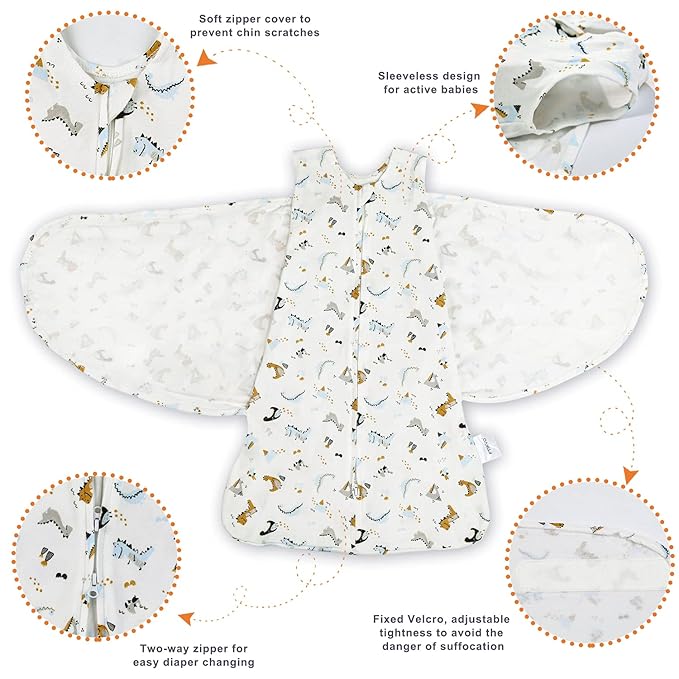 Swaddle-Blanket Baby Girl & Boy Swaddles Newborn Infant Transition 100% Cotton Wrap Blankets, 3-Way Adjustable Wearable Blanket, TOG 1.0 (Dinosaur, Small, 0-3 Month)