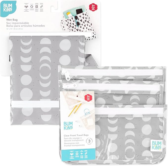 Bumkins - Waterproof Wet Bag & Clear Travel Bags - For Beach, Baby, Travel, Swim Suit, Cloth Diapers, Pump Parts, Pool, Gym, Toiletries - Reusable & Easy to Clean - Lunar Gray - 4 Pack