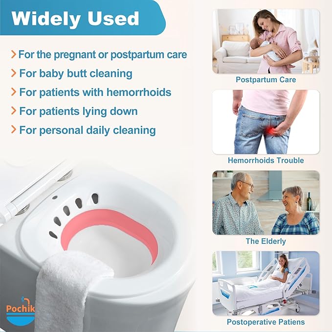 Pochik Sitz Bath for Toilet Seat, Sitz Baths for Hemorrhoids and Postpartum Care, Yoni Steam Seat, Collapsible Basin for Epsom Salt Soak, Sits Bath Kit for Women - Magenta