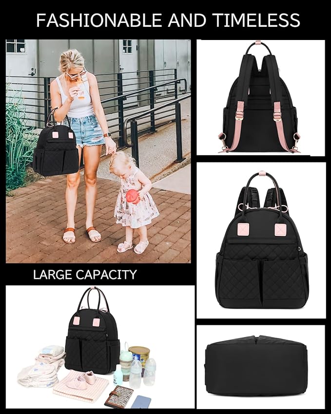 18 Pockets Large Diaper Bag Backpack with Waterproof Pockets and Stroller Buckle, Convertible Baby Bag (Black-pink, Medium)
