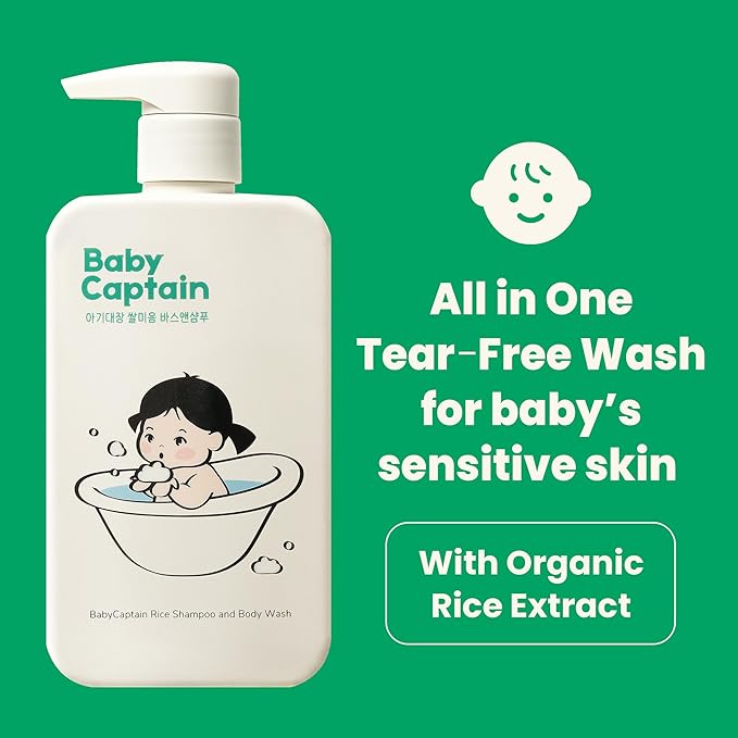 Vegan Rice Baby Wash 13.52 Oz | Tear-Free Cleanser for Newborn & Sensitive Skin | 2-in-1 Shampoo and Body Formula | Plant-Based, Korean Skincare with Gentle Rice Scent