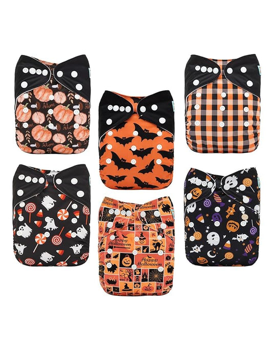 ALVABABY Halloween Baby Cloth Diapers 6 Pack with 12 Inserts Cloth Diaper Covers Adjustable Washable Reusable for Baby Girls and Boys 6QH05A