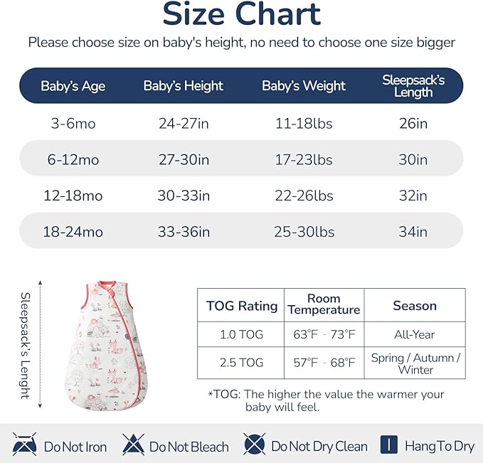 1.0 Tog 2.5 Tog Baby Sleep Sack, 100% Cotton Baby Sleeping Bag 3-24M, 2-Way Zipper Baby Wearable Blanket