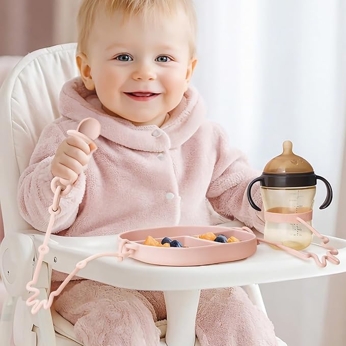 Andy Bear Silicone Plates for Babies with Suction Divided Baby Spoons Silicone Baby Toy Straps All-in-one Plates Silicone Placemat for Babies Toddlers Attachable Tethers & Built-in Suction Cups-Blush