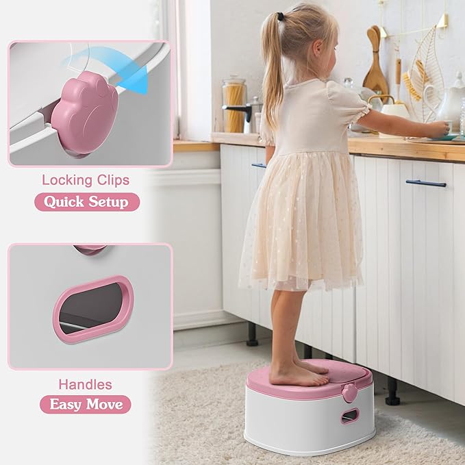 3-in-1 Potty Training Toilet, Portable Potty, Potty Training Seat and Toddler Step Stool, Easy Setup and Clean, Anti-Slip Toddler Potty Trainer for Boy Girl,Pink
